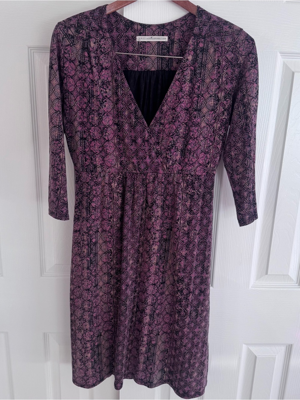 Peruvian Connection Patterned 3/4 Sleeve V-Neck Dress